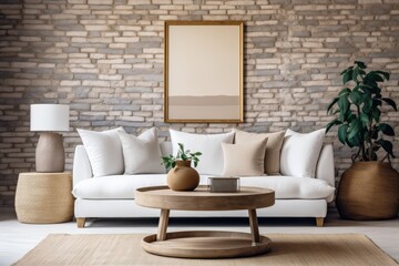 Cozy French Country Living Room with Stone Wall, Plant, and Rustic Decor Featuring Natural Textures and Warm Tones