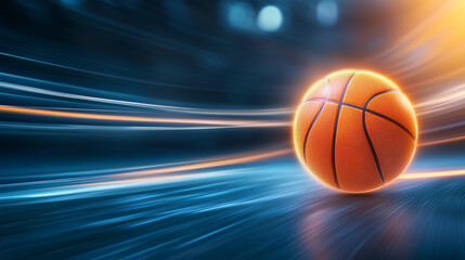 A high-speed basketball in motion, glowing with dynamic orange and yellow light trails curving into the horizon at sunset. A striking sports energy concept. 