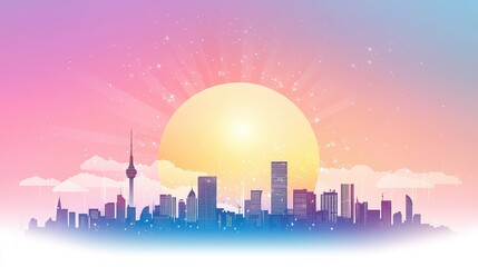 Obraz premium Minimalist flat vector design of a city skyline silhouette, against a gradient sky, exuding a sense of simplicity, peace, and the quiet strength of urban landscapes.