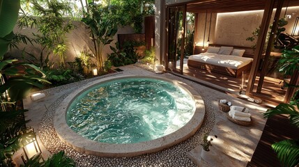 Tropical resort room with private hot tub and garden
