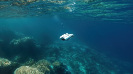 Fototapeta premium Underwater Drone Exploration: A sleek, white underwater drone glides effortlessly through crystal-clear turquoise waters, exploring a vibrant coral reef teeming with life.