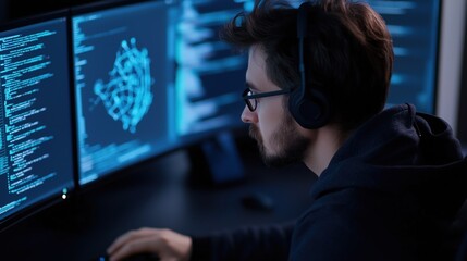 Focused Programmer: A young programmer, wearing glasses and headphones, intently focuses on code displayed on multiple monitors, showcasing dedication and focus in the realm of software development.