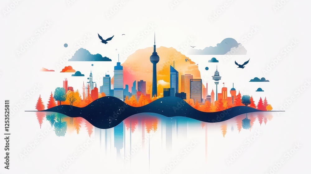 Poster minimalistic flat vector design of a skyline silhouette, utilizing clean forms and contrasting color
