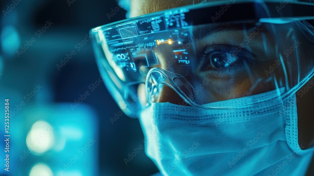Aufkleber scientist wearing augmented reality glasses and a mask, focusing on data analysis. the image highlig