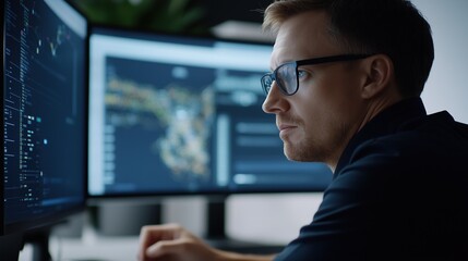 Focused Programmer: A concentrated programmer wearing glasses meticulously works on his computer, surrounded by multiple monitors displaying complex code and data.