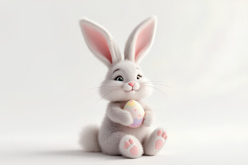 Adorable fluffy bunny sitting upright on a clean white background holding a pastel colored Easter egg decorated with soft pinks and yellows celebrating the spring season