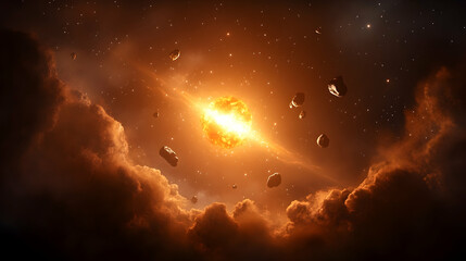 Fototapeta premium Space scene depicting an exploding star surrounded by asteroids and nebula for wallpaper, illustrating cosmic events or outer space themes