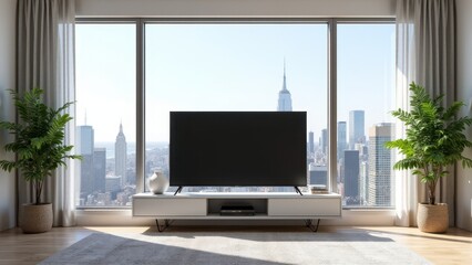 Flat Screen TV Mockup, Living room with city view flat screen TV on stand photorealistic.