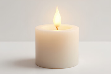 Elegant cream-colored wax candle with a warm glowing flickering flame illuminating a serene and minimalist white background evoking feelings of peace