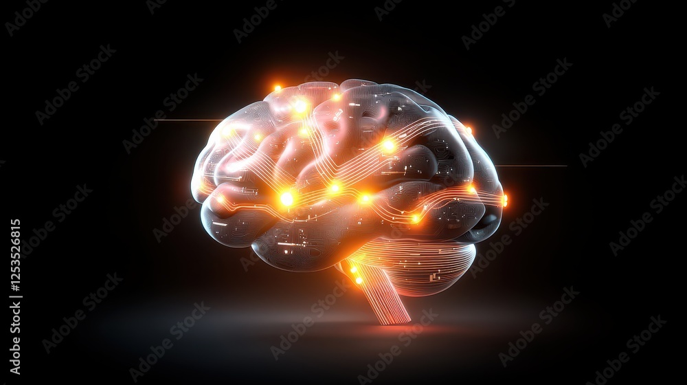 Poster predictive ai personalization system, a futuristic brain-shaped neural network glowing with data poi
