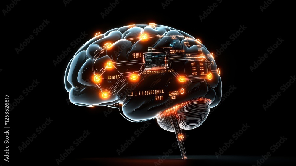 Poster predictive ai personalization system, a futuristic brain-shaped neural network glowing with data poi