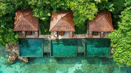 Tropical resort villas, private pools, ocean view, lush greenery