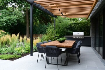 Backyard patio dining area with grill