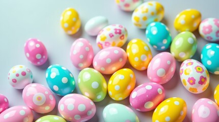 Fototapeta premium A vibrant arrangement of colorful Easter eggs on a soft pastel background, showcasing various patterns and designs. 