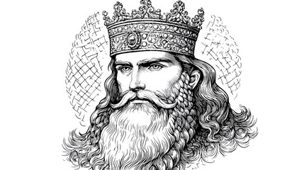 Detailed illustration of a majestic king with a crown, showcasing intricate facial features and a braided beard, set against a textured background