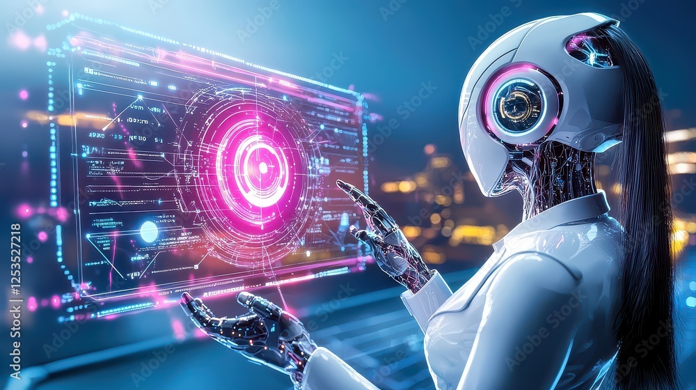 Poster self-learning ai system, futuristic holographic interface processing data in real-time, radiating co