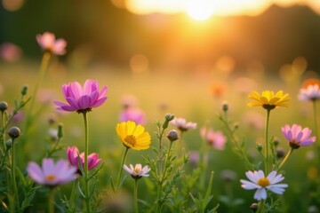 Sweet wildflowers in meadow, soft sunset glow, out-of-focus background , rural, light, nature