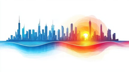 Sleek flat vector city skyline silhouette on a gradient background, symbolizing growth, innovation, and the endless potential of urban life in a minimalist style.