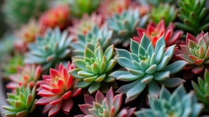 Fototapeta premium A close-up of a succulent arrangement highlighting the unique textures and colors of each plant, emphasizing the intricate details that make succulents so appealing