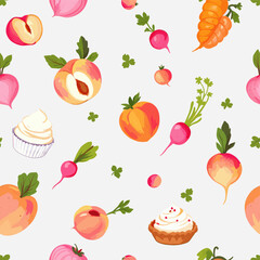 A variety of fruits and vegetables, including peaches, carrots, radishes, and a cupcake, all set against a white background. Vector patterns, random pattern