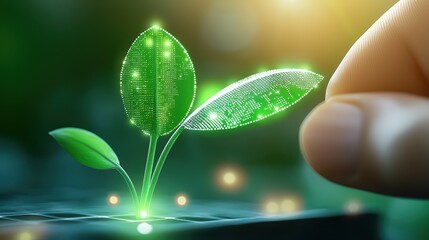 Sustainable technology innovation, soft green lights illuminating efficient computing systems, symbolizing hope and renewal, evoking a calm atmosphere of commitment to environmental preservation.