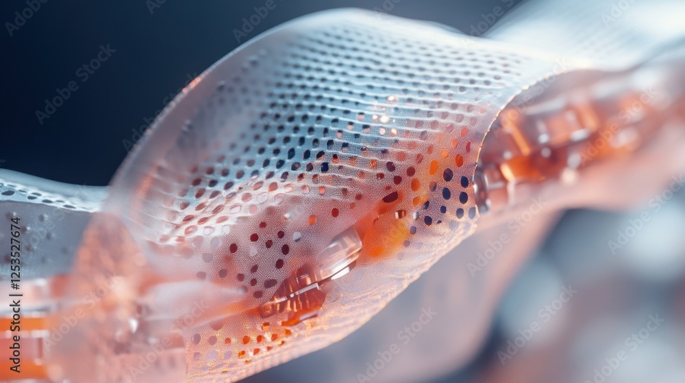 Poster detailed close up of a translucent, textured material, showcasing intricate patterns and vibrant col