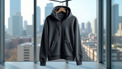 Fleece Hoodie Mockup, Cityscape backdrop metal hanger with fleece hoodie photorealistic.