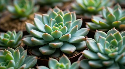 Fototapeta premium A close-up of a succulent arrangement highlighting the unique textures and colors of each plant, emphasizing the intricate details that make succulents so appealing