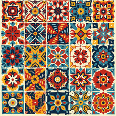 16 Square tiles arranged in a 4x4 grid, each featuring a unique design with a variety of colors and shapes. Vector patterns, random pattern