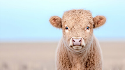 Highland calf stares, field background, farm animal portrait