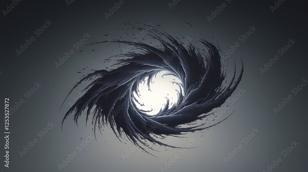 Poster whirlwind of energy captures the essence of a cosmic vortex swirling towards a bright center, drawin