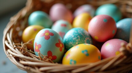 Fototapeta premium A close-up view of a basket filled with an assortment of colorful Easter eggs, each uniquely decorated. 