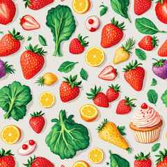 A variety of fruits and vegetables, including strawberries, oranges, lemons, and a cupcake, arranged in a visually appealing and colorful manner. Vector patterns, random pattern