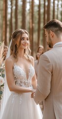 Couple exchanging vows, forest wedding