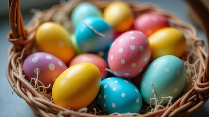 A close-up view of a basket filled with an assortment of colorful Easter eggs, each uniquely decorated. 