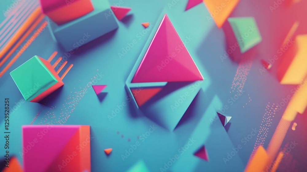 Poster abstract 3d geometric composition with vibrant colors and dynamic shapes on teal backdrop