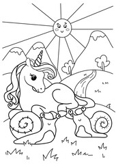 Cute unicorn coloring. Unicorn in a meadow with snails and flowers. Black and white coloring.