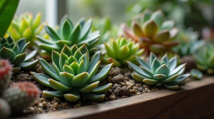 Fototapeta premium A close-up of a succulent arrangement highlighting the unique textures and colors of each plant, emphasizing the intricate details that make succulents so appealing