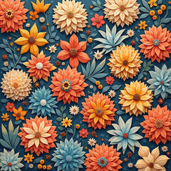 A variety of colorful flowers and leaves arranged in a visually appealing manner against a dark blue background. Vector patterns, random pattern