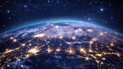 Obraz premium Abstract digital background featuring a glowing Earth with interconnected nodes, representing the internet, blockchain technology, and global data exchange, high-tech business and communication theme.