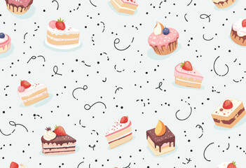 Various slices of cake with strawberries and other toppings, arranged in a grid-like formation against a light blue background with scattered black dots. Vector patterns, random pattern