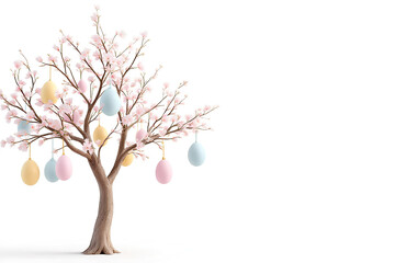 Obraz premium Delicate Easter Tree adorned with pastel painted eggs and soft pink blossom against a clean white backdrop symbolizing new beginnings