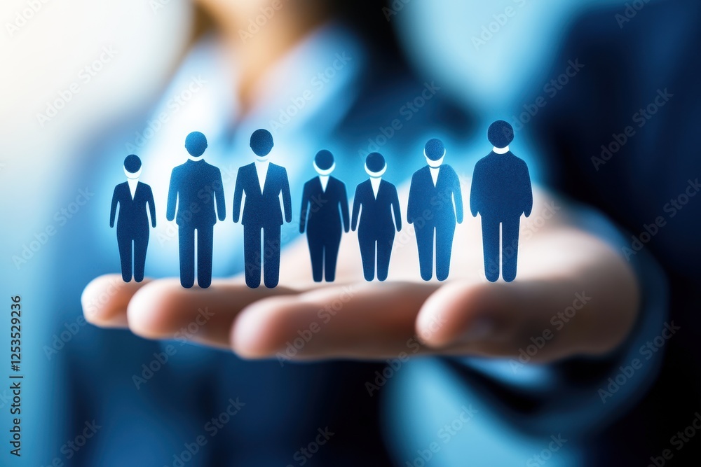 Poster abstract representation of human resources management and teamwork skills depicted on a hand with bl