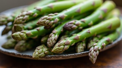 A vibrant bunch of fresh asparagus spears arranged neatly on a wooden cutting board