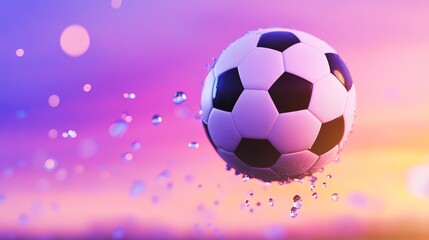 Obraz premium A soccer ball splashing through water at sunset, creating a vibrant and dynamic scene