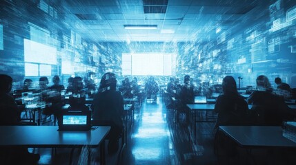 Students in a classroom immersed in digital information.