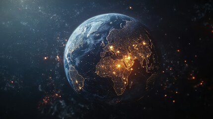 Fototapeta premium Abstract digital background featuring a glowing Earth with interconnected nodes, representing the internet, blockchain technology, and global data exchange, high-tech business and communication theme.