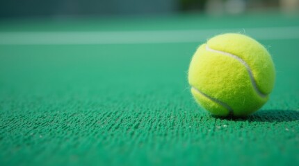 A close-up view of the textured surface of a green tennis court, highlighting the details of the material and the vibrant color