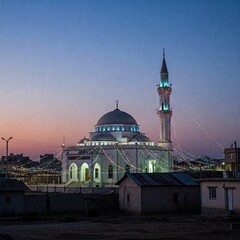 A beautifully illuminated mosque at dusk, decorated with colorful string lights, creating a festive and spiritual ambiance. The soft hues of the evening sky provide a stunning backdrop, enhancing the 