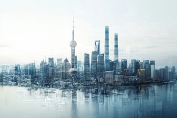 Obraz premium Futuristic city skyline forming from a digital blueprint, concept of largescale business implementation